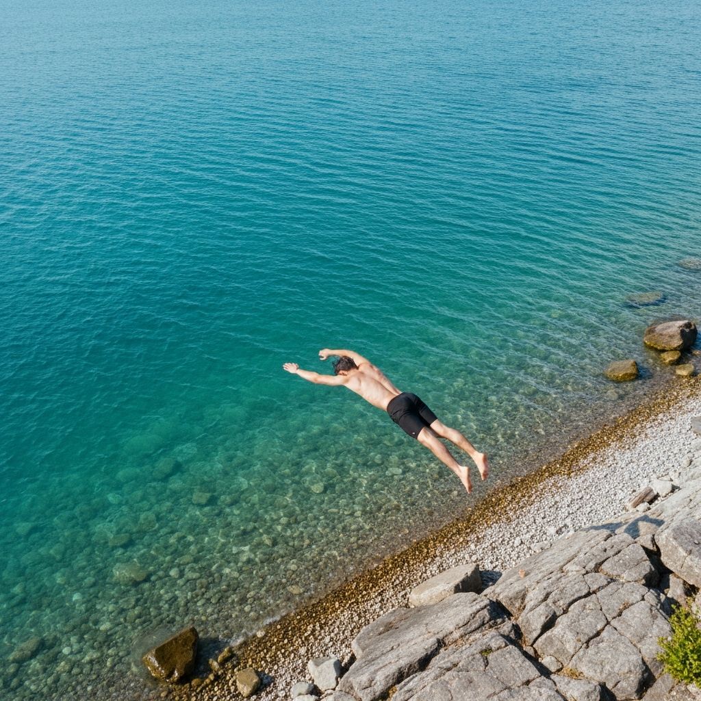 Swimmer entering the lake at TeachBeach from the rocky shoreline