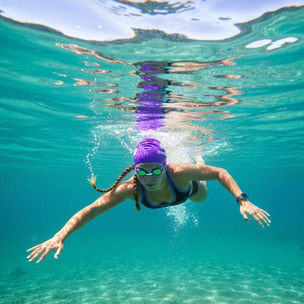 Competitive open water swimmer in crystal-clear lake water, wearing purple swim cap