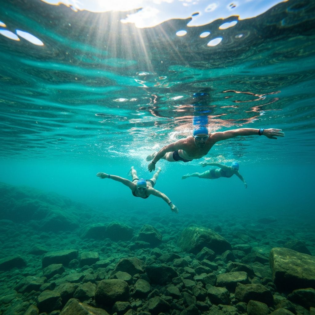 Open water swimmers photographed from below the surface at TeachBeach, Lake Ontario